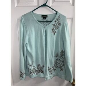 Eddie Bauer Cardigan Sweater Embroidered Aqua Blue Flowers 100%Cotton Knit XL